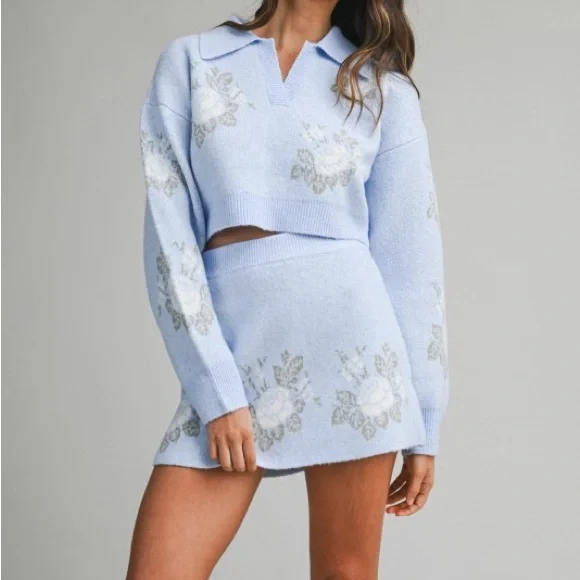 Pink Floral Jacquard Crop Sweater And Skirt Set - Picture 12 of 16